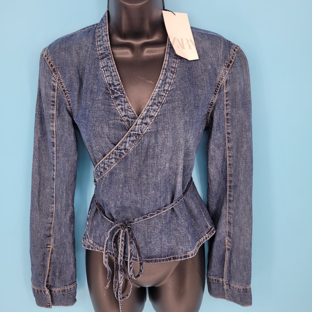 NWT Zara Denim Wrap Top Women XS Blue Jean Tie Front Long Sleeve V-Neck causal